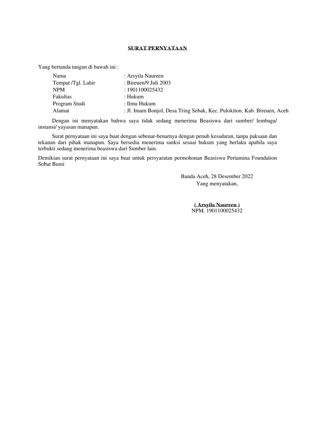 contoh format surat pernyataan tidak menerima beasiswa