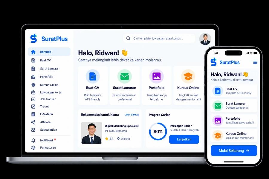 SuratPlus — dashboard tampilan laptop dan mobile
